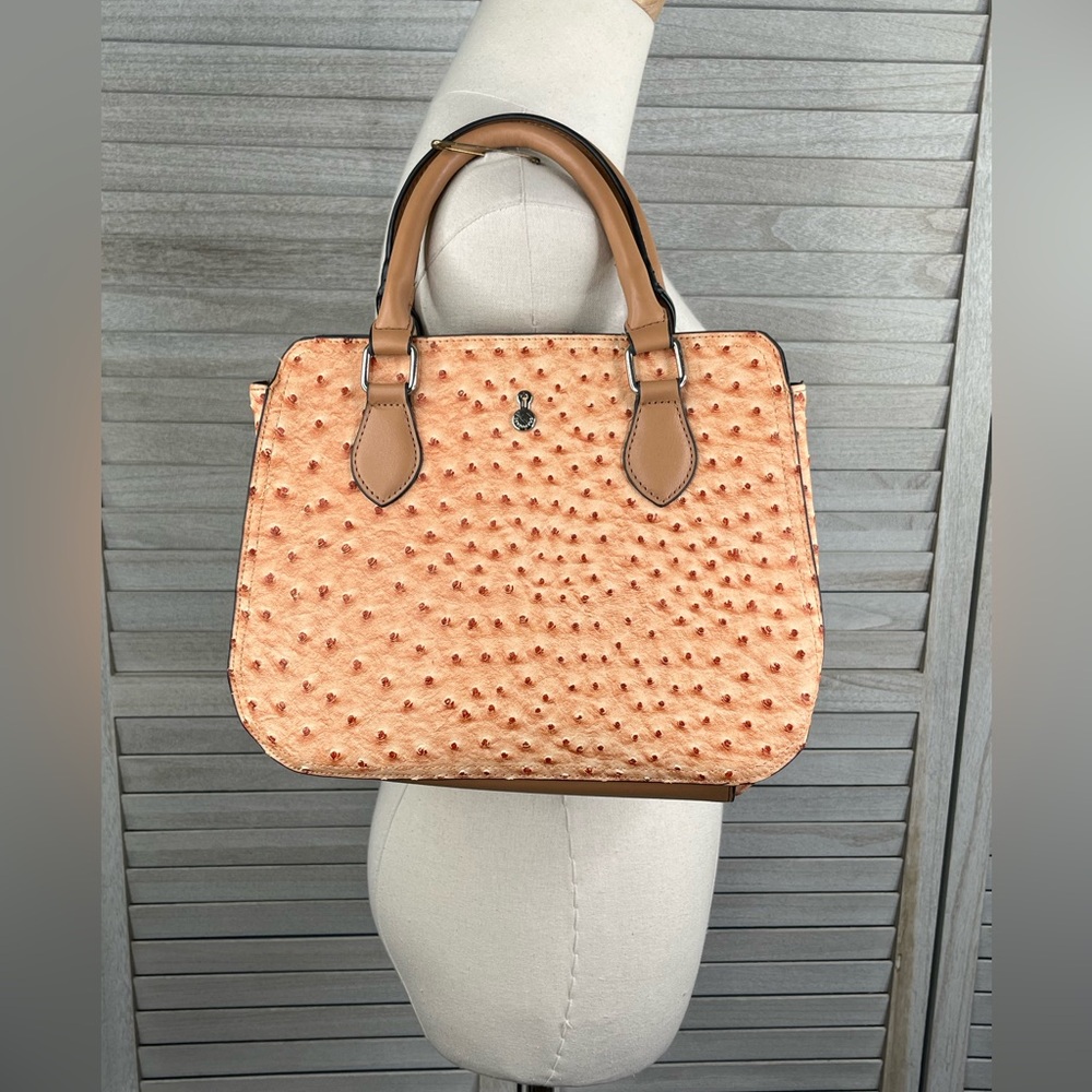 LONDON FOG Faux Ostrich Leather Satchel Bag Tan